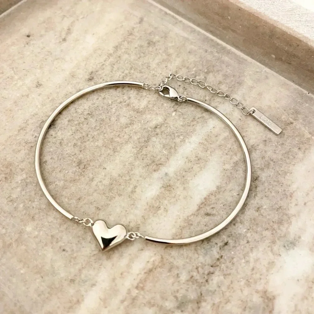 925 Sterling Silver Heart Cuff Bracelet Heart Pendant Bangle Bracelet